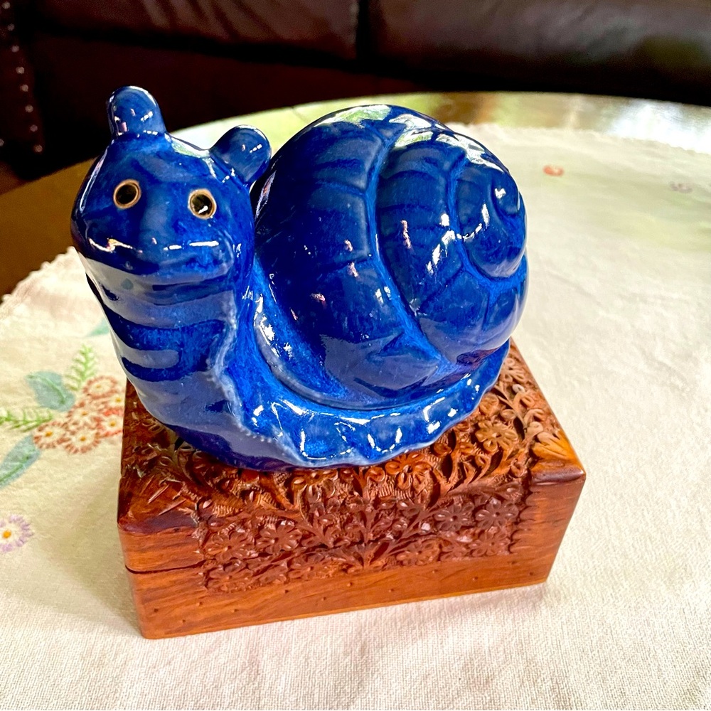 Glazed Ceramic Whimsical Large Snail Figurine. Cobalt Blue. 5.5" Tall x 6" Wide